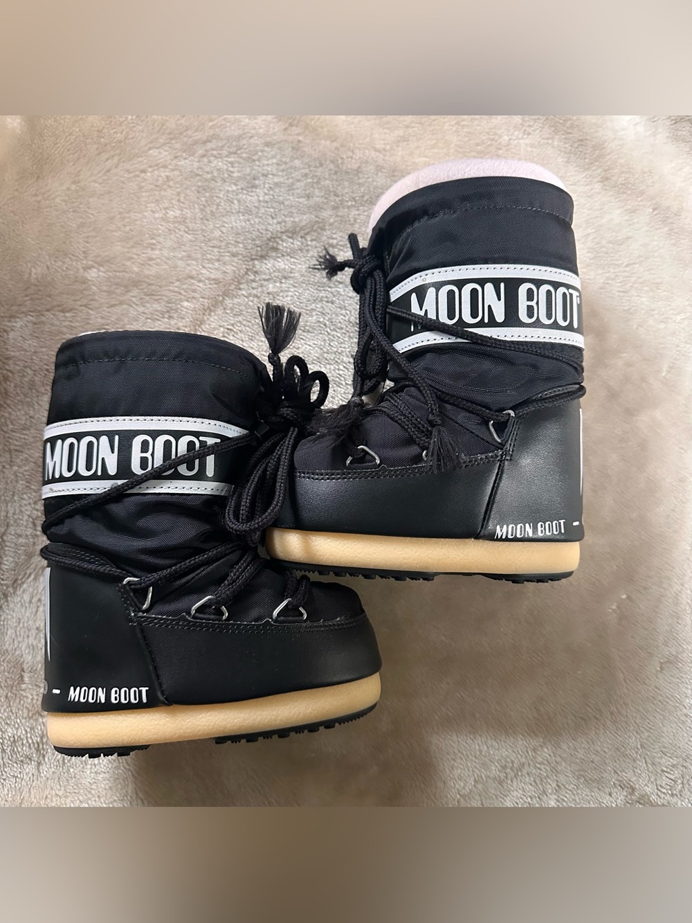 Little Kids Moon Boot Black and White Boots with Tan Sole